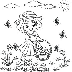 Cute girl searching for Easter eggs in a garden coloring page