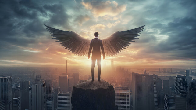 Liberty Soaring in Sunset Sky with Eagles and Ocean Silhouettes