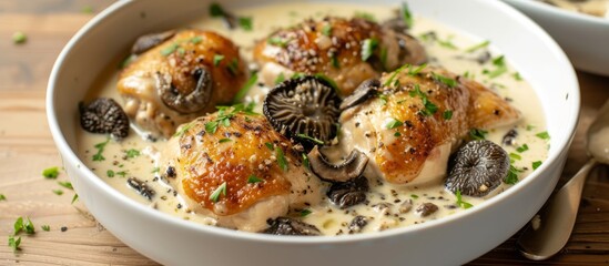 A comforting dish of chicken and mushrooms in a creamy sauce served on a wooden table, showcasing the use of staple ingredients in cooking to create a delicious comfort food cuisine - obrazy, fototapety, plakaty