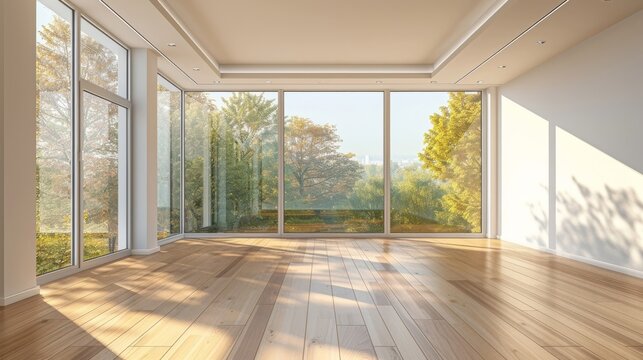Fototapeta Modern room with large windows offering a view of the autumn trees, suitable for real estate and architecture use.