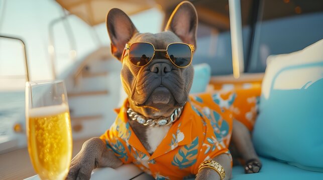 Rich cool Bulldog on expensive private yacht with champagne gold watch stylish sunglasses, billionaire dream lifestyle background. Funny creative wildlife animal character unique 3d digital artwork.