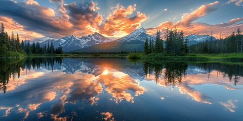 CBreathtaking Reflections: Majestic Mountains Mirrored in a Tranquil Lake or River at Sunset, Natural