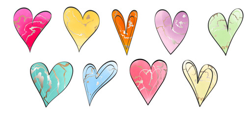 Set of multicolored watercolor decorative hearts with gold veins isolated on white background. Collection of hearts for decorating wedding cards, valentines, holiday greetings. Vector.