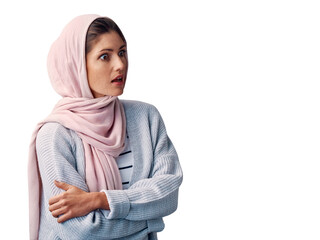 Muslim, woman and face with hijab or shocked for news, announcement or surprise with casual fashion...