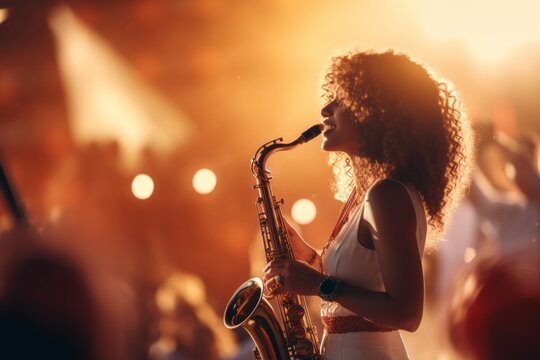 Portrait of sexual young woman posing with saxophone at the concert