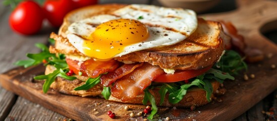 a sandwich with eggs , bacon , tomatoes and lettuce on a wooden cutting board . High quality