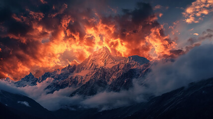 dramatic beauty of a sunset with scenes of dynamic cloud formations dramatically hovering over majestic mountain peaks, Natural