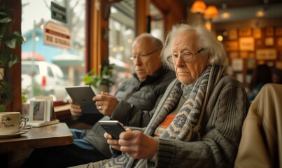Elderly Couple Embracing Technology in Cozy Cafe