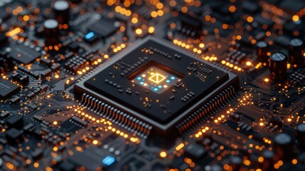Obraz premium Close-up of a modern microchip on a circuit board with illuminated pathways, symbolizing advanced technology and computing.