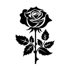 rose with leaves, Vector black silhouette of a rose flower 