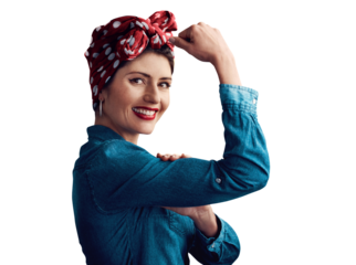 Woman, portrait and flexing pin up for retro fashion or winning strength for muscle, vintage or gender equality. Female person, face and bicep on isolated transparent png background, pride or power