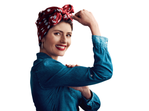 Woman, portrait and flexing pin up for retro fashion or winning strength for muscle, vintage or gender equality. Female person, face and bicep on isolated transparent png background, pride or power