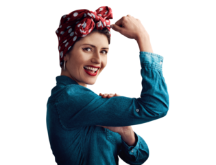 Pinup, girl and flexing arm as portrait for victory strength or vintage for retro, fashion or gender equality. Female person, face and bicep on isolated transparent png background, pride or strong