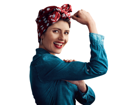 Pinup, girl and flexing arm as portrait for victory strength or vintage for retro, fashion or gender equality. Female person, face and bicep on isolated transparent png background, pride or strong