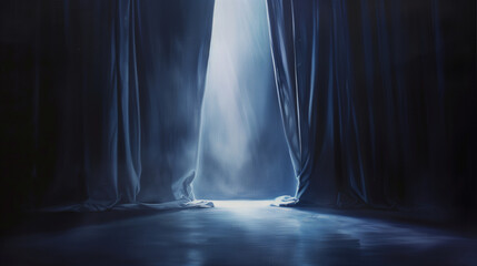 Dramatic Stage Curtain Opening Scene with Bright Spotlight on Empty Theater Stage. The Beginning of a Performance with Blue Velvet Drapes and Mysterious Atmosphere in Anticipation of an Artistic Event