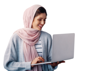 Smile, laptop and muslim woman on internet, search and social media isolated on a transparent png background. Hijab, computer and happy person on pc for communication, ebook and reading email online