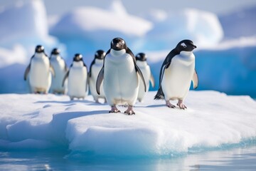 Obraz premium Gentoo penguin band is on the ice against the backdrop of icebergs