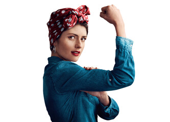 Woman, pin up and flexing bicep as portrait or victory strength or vintage as retro, fashion or...