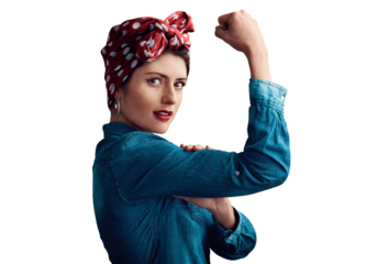 Woman, pin up and flexing bicep as portrait or victory strength or vintage as retro, fashion or gender equality. Female person, face and muscle on isolated transparent png background, pride or strong