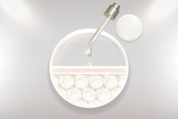 Hyaluronic acid and Niacinamide hair and skin solutions ad, white collagen serum drops into skin cell with cosmetic advertising background ready to use, illustration vector.