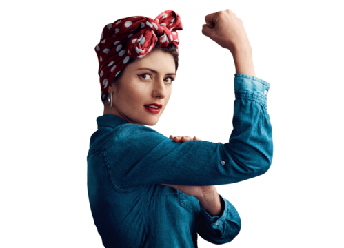 Woman, pin up and flexing bicep as portrait or victory strength or vintage as retro, fashion or gender equality. Female person, face and muscle on isolated transparent png background, pride or strong