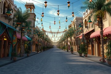 Obraz premium A view of city streets with festive Ramadan decorations