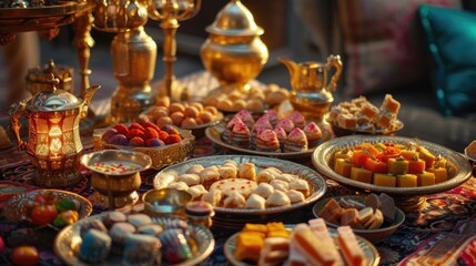 A beautifully set table with traditional sweets and delicacies signifying the end of Ramadan