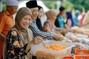A cheerful group distributing food to the needy during Ramadan.
