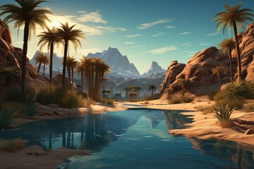 A desert oasis scene complete with a mirage and palm trees - obrazy, fototapety, plakaty