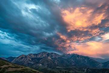 dramatic beauty of a sunset with scenes of dynamic cloud formations dramatically hovering over majestic mountain peaks, Natural