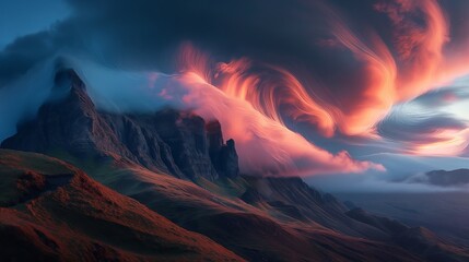 Dramatic Sunset Majesty: Dynamic Cloud Formations Hovering Over Majestic Mountain Peaks, Natural