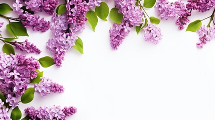 Tender_purple_lilac_branches_with_green_leaves_on_white background ai generative image