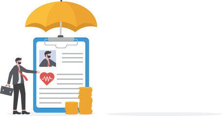 health insurance concept, man analyze about health insurance and doctor under an umbrella with medications and documents.flat vector illustration

