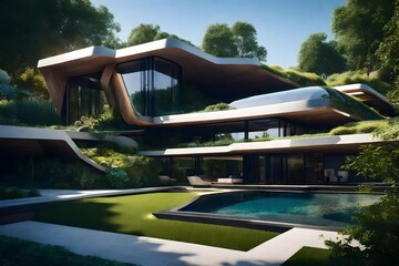 futuristic eco-friendly residence surrounded by a sustainable garden, showcasing the fusion of cutting-edge technology and environmental consciousness in residential architecture