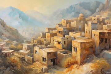 A scenic painting of an old Islamic town with traditional houses