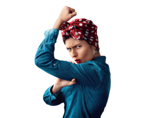 Woman, pin up and bicep for feminism or portrait for strength or vintage for victory, fashion or gender equality. Female person, flex and strong on isolated transparent png background, pride or win