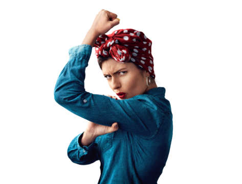 Woman, pin up and bicep for feminism or portrait for strength or vintage for victory, fashion or gender equality. Female person, flex and strong on isolated transparent png background, pride or win