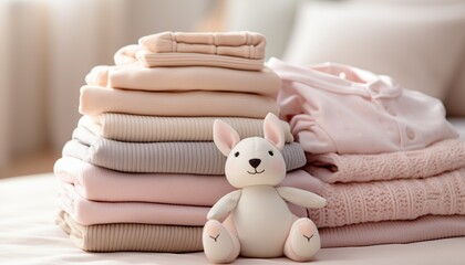 stack of baby clothes with rabbit doll
