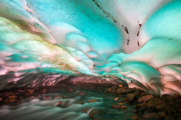 Kamchatka, colour snow vaults of the hidden river on the slopes of Mutnovsky volcano