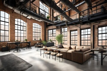 industrial loft with  brick walls and large factory-style windows, combining urban aesthetics with an abundance of natural light for a chic and open exterior