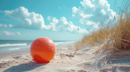Orange Beach Ball on Sandy Dunes Under Blue Sky