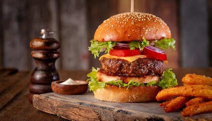 A large hamburger with cheese is placed on a wooden plate against a black background. The hamburger is juicy and looks delicious.