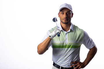 Confident golfer posing with a club, with copy space