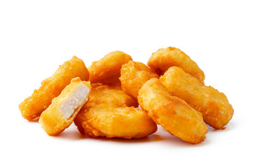 Pile of fried chicken nuggets isolated on white
