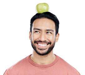 Man, smile and apple for thinking of nutrition by planning meals for health, wellness and wellbeing. Happy guy, organic fruit and vision of plant based food on isolated transparent png background