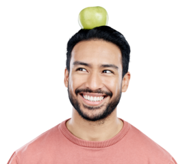 Man, smile and apple for thinking of nutrition by planning meals for health, wellness and wellbeing. Happy guy, organic fruit and vision of plant based food on isolated transparent png background