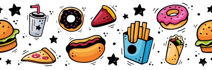 Fast food border, frieze, edging, pattern. Hand drawn seamless border, pattern with burger, pizza, hot dog, donut, French fries, soda, pie, doner kebab, burrito. Comic style. Vector illustration