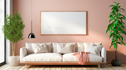 Minimalist home with cozy interior design, empty art painting in picture frame on pink copy space wall
