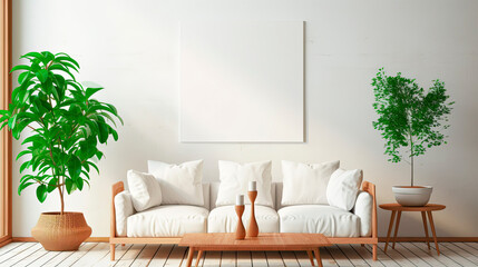 Minimalist home with cozy interior design, empty art painting in picture frame on white copy space wall