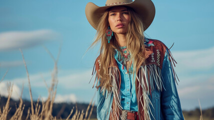 A fusion of tribal and western elements with a fringed leather jacket denim shirt and suede boots paired with a tel belt and beaded earrings creating a modern cowgirlinspired